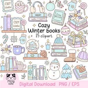 Può includere: Illustrazione digitale con elementi a tema invernale. L'immagine include pile di libri, tazze di cioccolata calda, paraorecchie, un pupazzo di neve e una palla di neve. È presente anche il testo "Cozy Winter books 35 clipart".