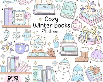 Winter Books Clipart, Christmas Bookish Png, Book Lover, Cute Bookshelf, Bookish Aesthetic, Cozy Reading, Pastel Christmas