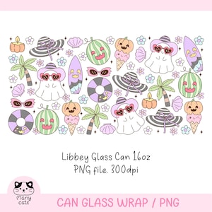 May include: A whimsical illustration featuring summer-themed elements. Includes ghosts wearing heart-shaped sunglasses, surfboards, watermelon, ice cream cones, and beach hats. The design is in pastel colors with the text "Libbey Glass Can 16oz PNG file. 300dpi".