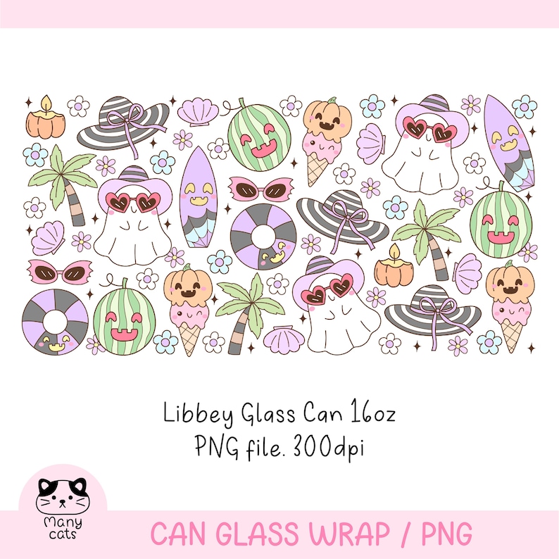 May include: A whimsical illustration featuring summer-themed elements. Includes ghosts wearing heart-shaped sunglasses, surfboards, watermelon, ice cream cones, and beach hats. The design is in pastel colors with the text "Libbey Glass Can 16oz PNG file. 300dpi".