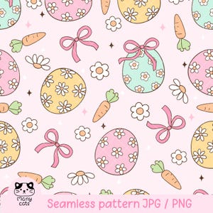 Könnte beinhalten: Ein nahtloses Muster mit pastellfarbenen Ostereiern mit weißen Gänseblümchen, grünen Karotten und rosa Schleifen auf einem hellrosa Hintergrund.