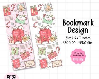 May include: Two pink Christmas-themed bookmark designs. Each bookmark features a Santa mailbox, gift boxes, candy canes, and stamps. The text "Bookmark Design" is displayed, along with the size of 6.35 cm x 17.78 cm.