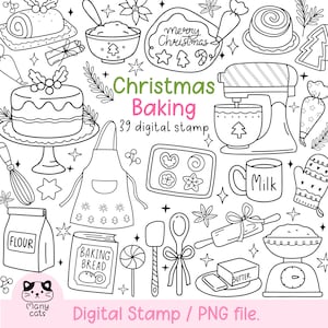 May include: Black and white digital stamp set featuring Christmas baking illustrations. Includes a cake, mixer, rolling pin, apron, and text that reads "Christmas Baking" and "39 digital stamp". Also includes the text "Digital Stamp / PNG file."