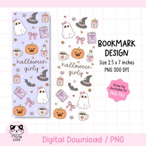 Può includere: Un design per segnalibro digitale di 6,35 x 17,78 cm con sfondo viola chiaro e icone di Halloween ripetute, tra cui fantasmi con fiocchi rosa, zucche arancioni, cappelli da strega neri, candele rosa, libri con etichetta Spooky Boo e il testo halloween girly.