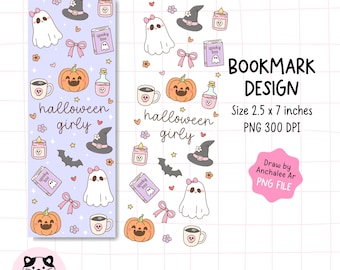 Zakładka do książki dla dziewcząt na Halloween w formacie PNG, przytulna lektura, modna estetyka, prezent dla miłośników książek (pobranie cyfrowe)