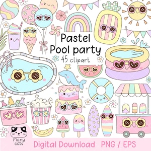 Puede incluir: Una colección de imágenes prediseñadas con temática de fiesta en la piscina en colores pastel. La imagen incluye una piscina, un pastel, una ballena, una sandía, un flotador, un sol y otros elementos relacionados con el verano. El texto dice "Pastel Pool party 45 clipart" y "Digital Download PNG / EPS".