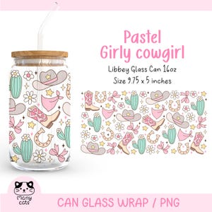 Pastel Girly Cowgirl 16oz Libbey Glass Can Wrap Png Pink Western Libbey Glass Can Wrap Coquette Cowboy Bow Cup Floral Cowgirl Glass Can Png