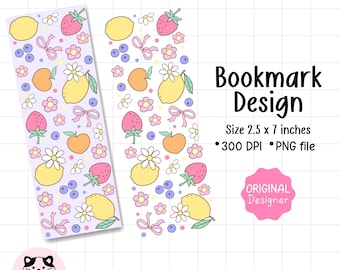Coquette Summer Fruit Bookmark Png Pastel Fruit Bookmarks Digital Printable Png Lemon Strawberry Bow File Printable Bookmarks Summer Gift
