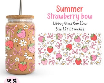 Lazos de fresa con garabatos Envoltura de lata de vidrio Libbey de 16 oz Envoltura de vidrio de fresa coqueta Envoltura de taza linda y moderna Patrón de verano Envoltura de vidrio para café