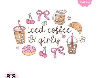 Dziewczęca grafika PNG z mrożoną kawą, projekt naklejki Kawaii Coffee Lover (pobieranie cyfrowe)