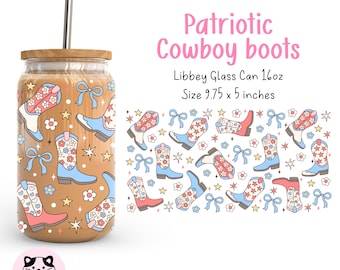 Patriotyczne buty kowbojskie 16 uncji Libbey Glass Can Wrap Png 4 lipca Libbey Glass Can Patriotyczne kwiatowe buty Tumbler Howdy Cowgirl Can Wrap