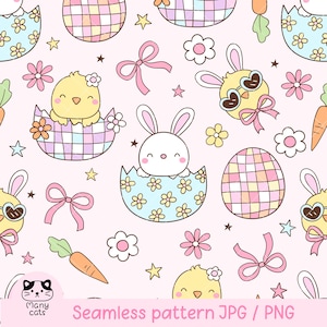 Op de afbeelding: Een naadloos patroon met een roze achtergrond en pastelkleurige illustraties met een paasthema. Het patroon bevat kuikens, konijnen, eieren, wortels, strikken en sterren. De tekst "Seamless pattern JPG / PNG" staat onderaan de afbeelding.