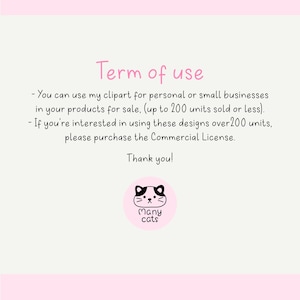 May include: A light pink background with the text "Term of use" in pink. Below the text are usage terms for clipart, followed by "Thank you!" and a logo with a cat face and the words "Many cats".