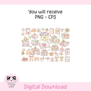 Peut inclure: Graphique de t&eacute;l&eacute;chargement num&eacute;rique avec des illustrations sur le th&egrave;me de l'automne. L'image comprend des piles de livres, des citrouilles, des feuilles et des tasses &agrave; caf&eacute;. Le texte comprend "You will receive PNG - EPS" et "Digital Download". Le logo Many Cats est &eacute;galement pr&eacute;sent.
