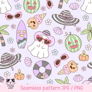 May include: Seamless pattern featuring cartoon illustrations of a ghost wearing heart-shaped sunglasses, watermelon slices, ice cream cones, sunglasses, surfboards, beach hats, seashells, and flowers. The text "Seamless pattern JPG / PNG" is at the bottom.