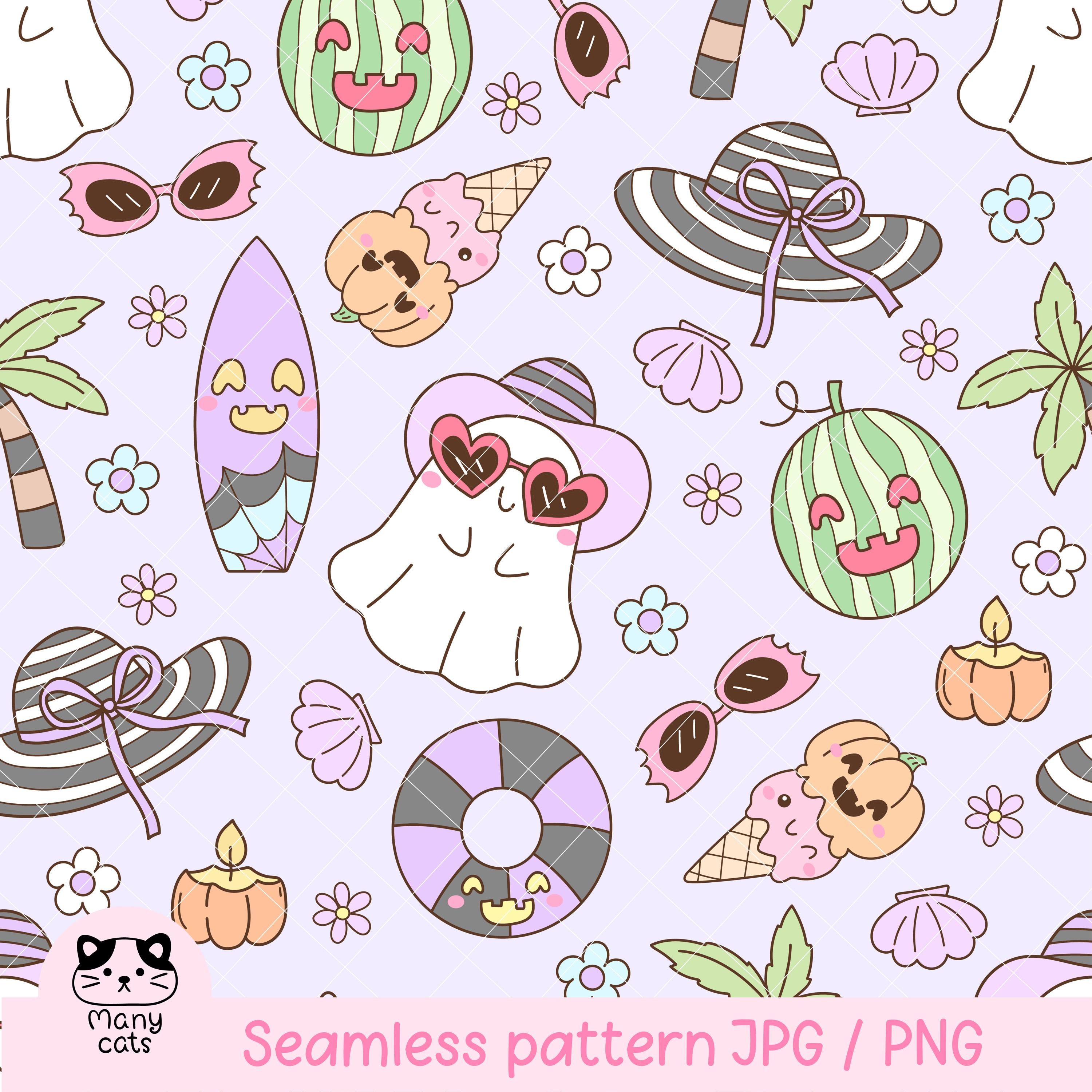 Spooky Summer Seamless Pattern Pastel Summerween Pattern Cute Halloween Repeating Pattern Summer Ghost Sublimation Summer Digital Paper
