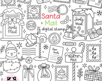 Santa Letter Digital Stamp, Christmas Stamp, Santa Mail Coloring, Kawaii Christmas Stamp, Christmas Mailbox, Christmas Coloring Page