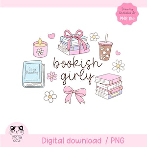 PNG de chica estudiosa, pegatina acogedora para leer, imágenes prediseñadas para amantes de los libros (descarga digital)