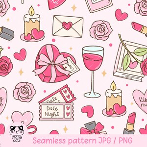Puede incluir: Un patrón sin costuras con elementos románticos sobre un fondo rosa. El diseño incluye corazones, rosas, lápiz labial, velas, una caja de regalo en forma de corazón, una copa de vino y entradas para una cita nocturna. El texto "Seamless pattern JPG / PNG" está en la parte inferior.