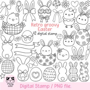 May include: A set of 42 black and white digital stamps featuring retro groovy Easter designs. The stamps include bunnies, chicks, eggs, flowers, and other Easter-themed elements. The text "Retro groovy Easter" and "42 digital stamp" is included in the image.