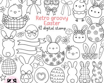 Doodle groovy easter digital stamp Retro easter stamp Spring coloring Outline Disco Chick Bunny Easter eggs Daisy stamp Easter coloring page