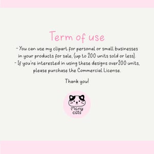 May include: A light pink graphic with the text "Term of use" in pink. The text explains the terms for using the clipart for personal or small business use. A pink circle with a cat face and the words "Many cats" is at the bottom.