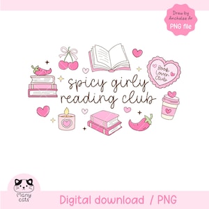 Op de afbeelding: Een digitale afbeelding met een witte achtergrond met roze illustraties van boeken, harten, kersen, een kaars, een koffiekopje en een chilipeper. De tekst "spicy girly reading club" staat in het midden. De woorden "Book Lover Club" staan in een hartvormig ontwerp.
