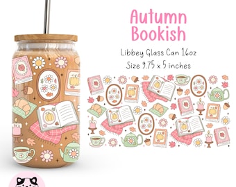 Doodle Autumn Bookish 16oz Libbey Glass Can Wrap Png Cozy Reader Libbey Can Wrap Fall Reading UV DTF Wrap Autumn Cottage Glass Design Png