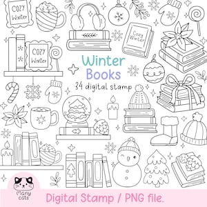 Puede incluir: Conjunto de sellos digitales en blanco y negro con ilustraciones de temática invernal. Incluye libros, tazas, adornos, mitones, un muñeco de nieve y el texto "Winter Books" y "34 digital stamp".