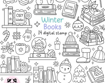 Winter Books Digital Stamp, Christmas Bookish Coloring, Outline Bookshelf, Doodle Winter Book, Christmas Coloring Page