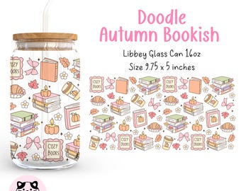 Autumn Bookish 16oz Libbey Glass Can Wrap Png Cozy Reader Libbey Can Wrap Fall Reading UV DTF Wrap Coquette Autumn Book Glass Design Png