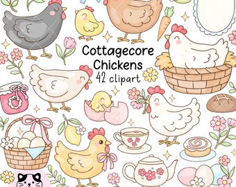 Clipart z kurczakiem w kwiatach, Miłośnik kurczaków PNG, Dziki kwiat Cottagecore, Wiosenny dom wiejski, Pastelowy wiosenny clipart