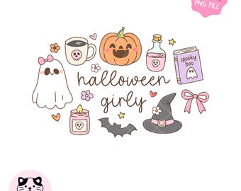 Dziewczęcy PNG na Halloween, modna estetyka, naklejka w stylu książkowym, projekt koszulki sublimacyjnej (pobieranie cyfrowe)