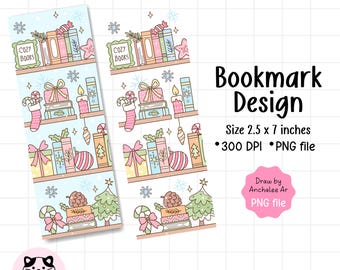 May include: Two illustrated bookmarks with a Christmas theme. Each bookmark features shelves with books, gifts, candy canes, and ornaments. The text "Bookmark Design" and "Digital download / PNG" are also visible.