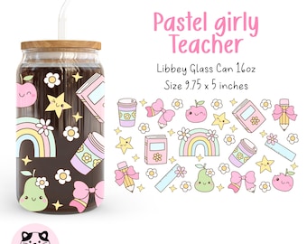 Pastel girly teacher 16oz Libbey Glass Can Wrap Png Teacher Appreciation Glass Can Wrap Teacher Pencil Cup Wrap Girly School Glass Can Png
