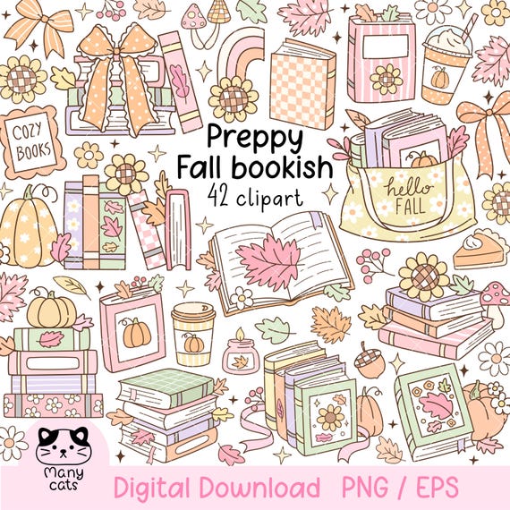 Preppy fall bookish clipart Pastel autumn book png Coquette fall png Cozy readers png Girly autumn Png Fall vibes png Book lover gift png