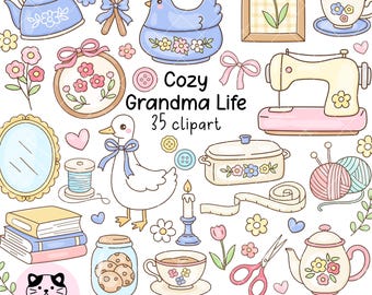 Cozy Grandma Life Clipart, Vintage Hobbies PNG (Digital Download)
