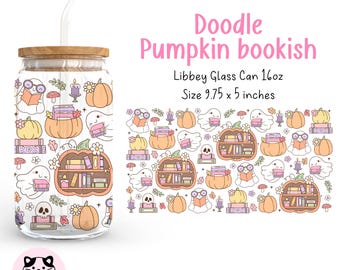 Pumpkin Ghost Reading 16oz Libbey Glass Can Wrap Png Bookish Ghost Glass Can Cozy Reading Png Pastel Halloween Coffee Cup Book Lover Gift