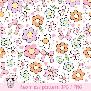 Könnte beinhalten: Ein nahtloses Muster mit einer Vielzahl von bunten Blumen, Herzen und Schleifen auf weißem Hintergrund. Die Blumen sind in den Farben Rosa, Blau, Gelb und Orange.