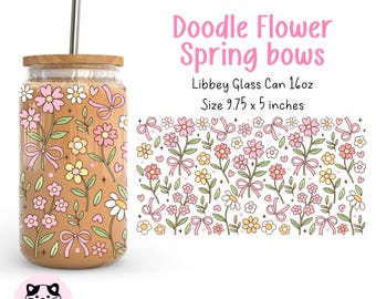 Doodle flower spring bows 16oz Libbey Glass Can Wrap Png Coquette Aesthetic Glass Wrap Pastel Flower Cup Wrap Whimsy Coffee Glass Wrap Png