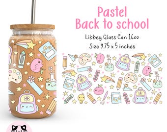 Pastel School 16oz Libbey Glass Can Wrap Png Powrót do szkoły Szklana puszka Nauczyciel Prezent Kubek Opakowanie Artykuły szkolne Szklana puszka Szkoła Mrożona Kawa Kubek