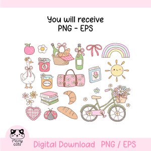 May include: A set of 18 digital illustrations featuring a picnic theme. The illustrations include a bicycle, a goose, a picnic basket, a baguette, a croissant, a jar of honey, a book, a heart, a ladybug, a rainbow, a sun, a flower, and an apple. The illustrations are in a cartoon style and are perfect for use in scrapbooking, card making, and other craft projects.