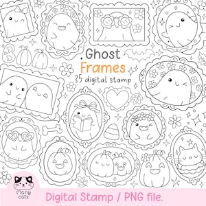 May include: A black and white digital stamp set featuring ghosts in ornate frames, with pumpkins, flowers, and other Halloween-themed illustrations. Text includes "Ghost Frames" and "35 digital stamp".