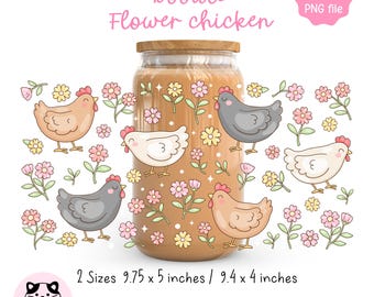 Opakowanie na szklaną puszkę z kurczakiem w kształcie kwiatu w formacie PNG – Cottagecore Tumbler Design (pobranie cyfrowe)