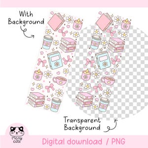 May include: A digital download graphic featuring a repeating pattern of pink books, blue books, coffee cups, candles, bows, and flowers. The text "With Background" and "Transparent Background" are included. The bottom of the image has the text "Digital download / PNG".