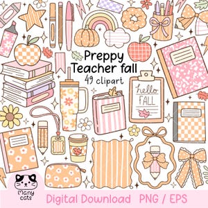 Op de afbeelding: Een verzameling preppy herfst-thema clipart, waaronder boeken, potloden, een pompoen en een regenboog. De tekst "Preppy Teacher fall 49 clipart" is zichtbaar. Het kleurenpalet omvat roze, oranje en geel, met een digitale downloadoptie.