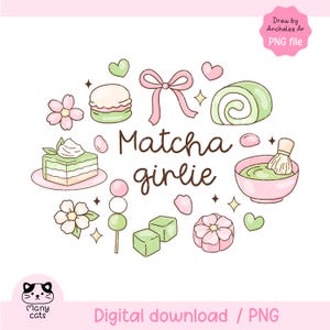 Puede incluir: Ilustración digital con elementos temáticos de matcha. El diseño incluye un cuenco de matcha, un rollo de matcha, un macaron y otros dulces, junto con el texto "Matcha girlie". La paleta de colores es suave, con tonos rosas, verdes y blancos.