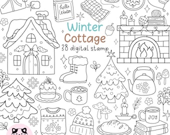 Winter Cottage Digital Stamp, Christmas Coloring, Winter Cottagecore Stamp,Doodle Winter, Whimsical Winter Stamp, Winter Coloring Page