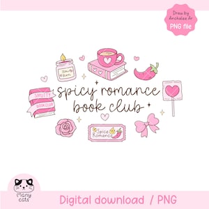 Op de afbeelding: Een digitale illustratie in roze met de tekst "Spicy Romance Book Club". Het ontwerp bevat een boek, een koffiekopje, een chilipeper, een kaars, een roos, een strik en een ticket met een chilipeper. De tekst "Smutty Book Club" staat op een banner.