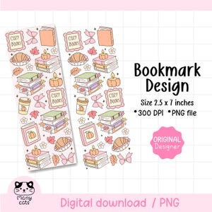May include: A digital bookmark design featuring fall-themed illustrations. The design includes stacks of books, pumpkins, coffee cups, leaves, and the text "COZY BOOKS". The bookmark measures 2.5 x 7 inches.
